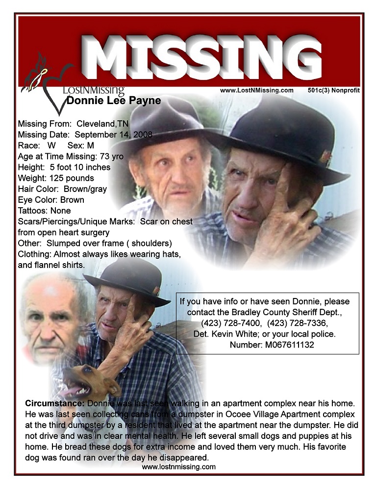Donnie Lee Payne MISSING from Cleveland TN since 2008
