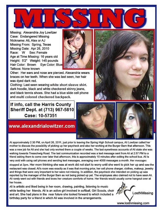 Alexandria Joy Lowitzer - UNSOLVED MISSING - April 26 2010 - Spring Texas