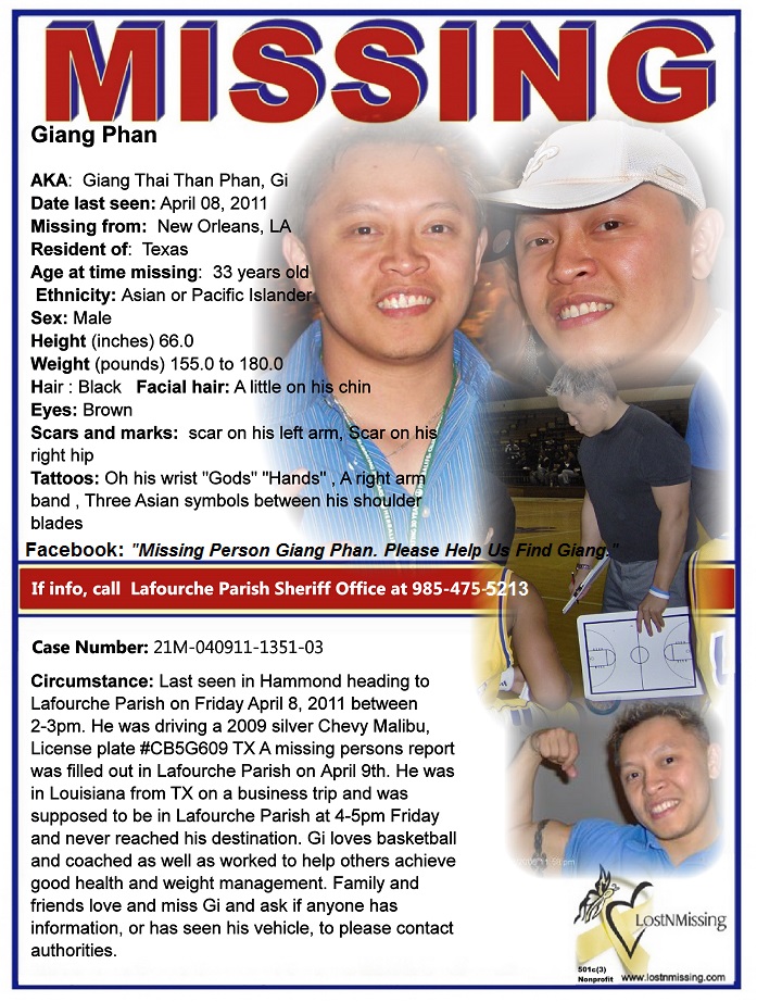 Giang Phan Missing from visit to New Orleans since April 08 2011_TX resident