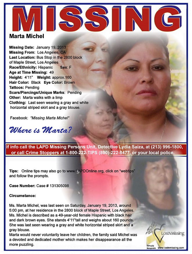 Marta Michel Missing Jan 19 2013 from Los Angeles California
