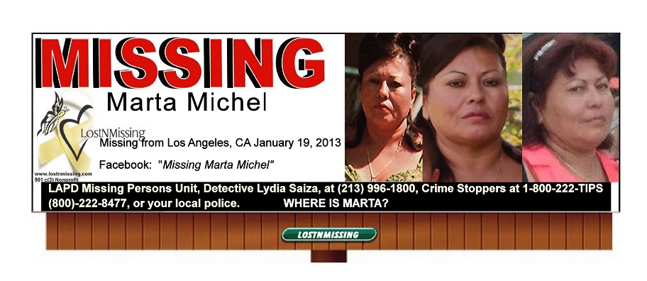Marta Michel Missing Jan 19 2013 from Los Angeles California from a bustop on 2800 Maple St. Block