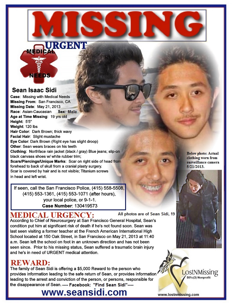 Sean Sidi Missing w Medical Needs - San Francisco CA - 21May2013
