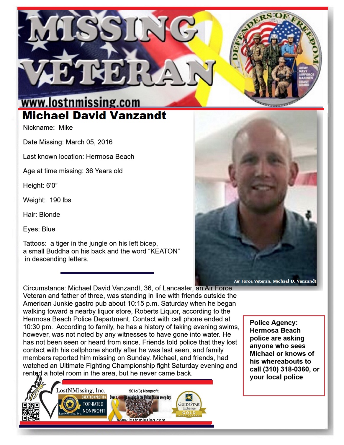 Air Force Veteran Michael Vanzandt,36 MISSING Hermosa Beach, CA since March 5, 2016