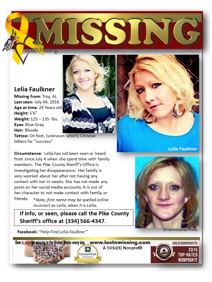 Lelia Faulkner missing July 4 2016 - Troy Alabama