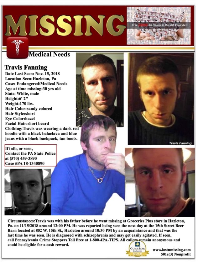 Travis Fanning is missing from Hazleton, PA since Nov. 15, 2018.