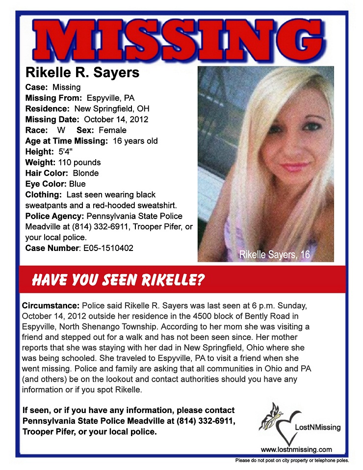 Rikelle Sayers 16 - MISSING - Espyville PA - 14 Oct 2012- Poster