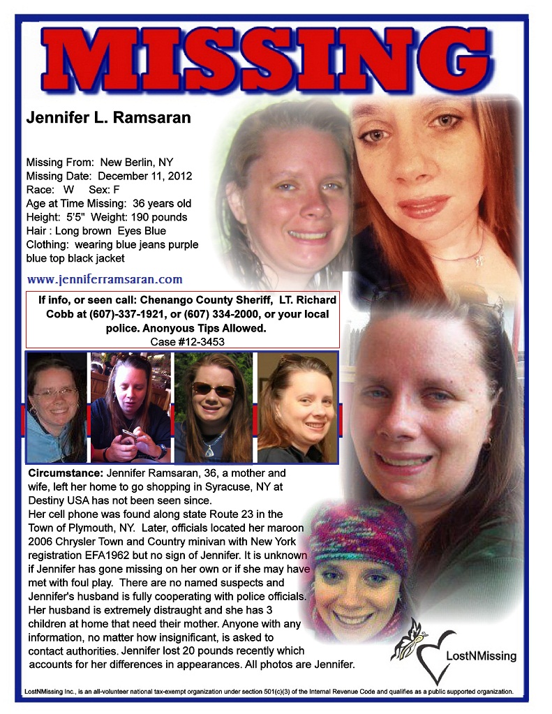 Jennifer Ramsaran 36 MISSING - New Berlin NY - 11Dec2012 - Missing Poster