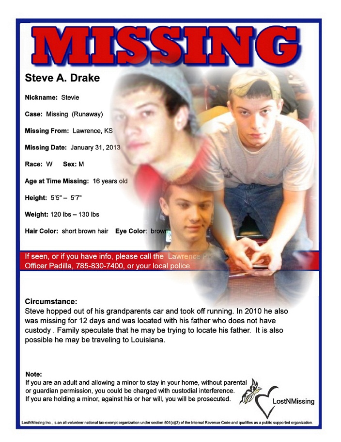 Steve Blake 16 MISSING - January 31 2013 - Lawrence Kansas